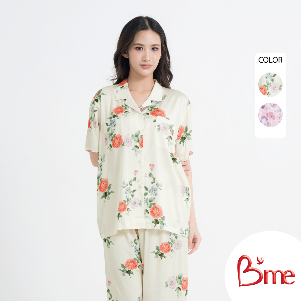 B'me ชุดนอนเสื้อแขนพร้อมกางเกงขายาว คอฮาวาย รุ่น ME8825 มี 2 สี สีชมพู สีครีม