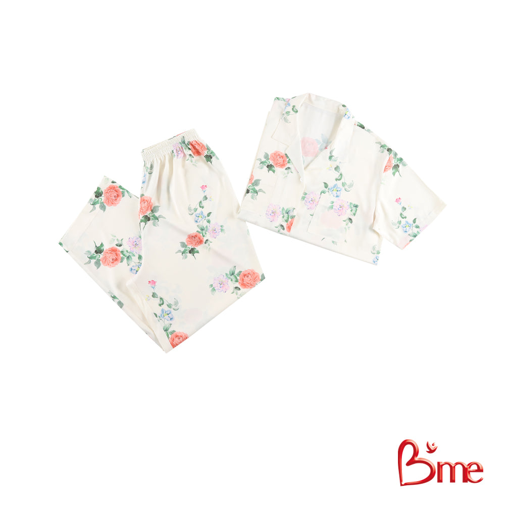 B'me ชุดนอนเสื้อแขนพร้อมกางเกงขายาว คอฮาวาย รุ่น ME8825 มี 2 สี สีชมพู สีครีม