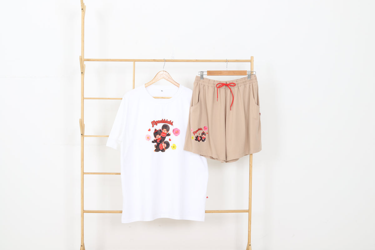 B'me ชุดเซตขาสั้น ผ้าคอตตอน Monchhichi  สีขาว พีช รุ่น ME8833